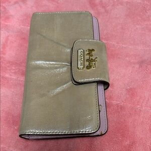 Coach Taupe Patent Leather Wallet with Pink Trim and Gold Logo